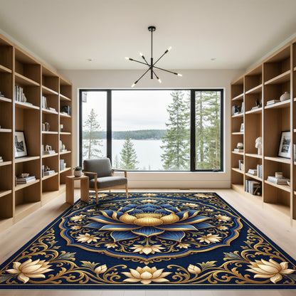 Elegant Gold and Navy Lotus Mandala Rug