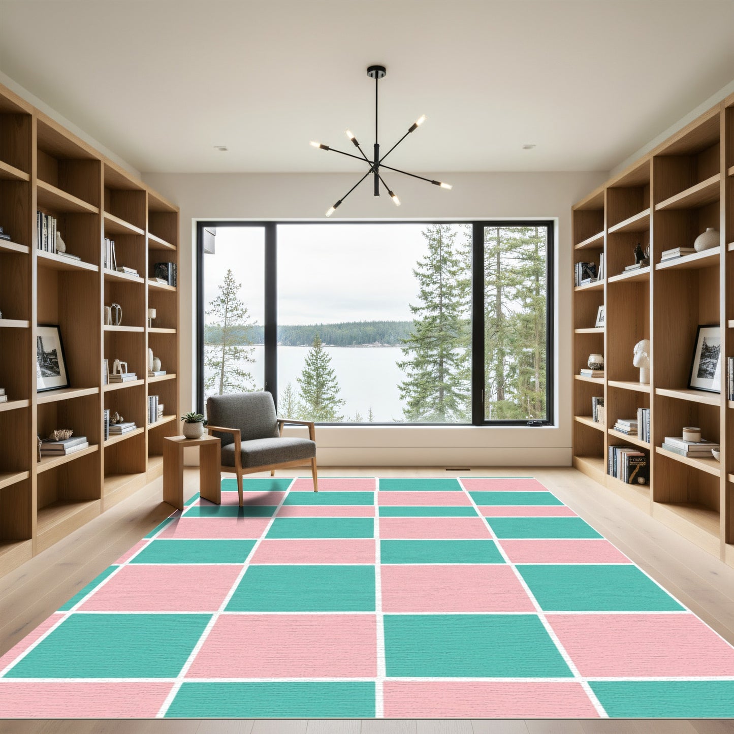 Coral Teal Grid Rectangles Rug