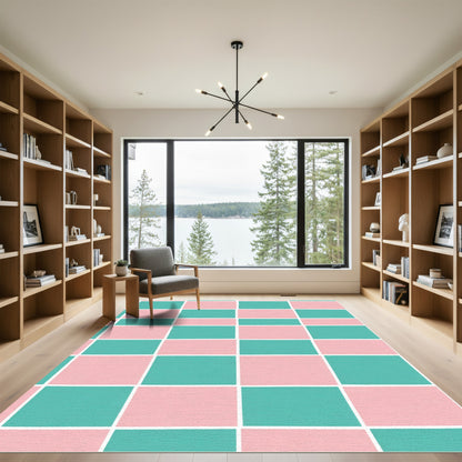Coral Teal Grid Rectangles Rug