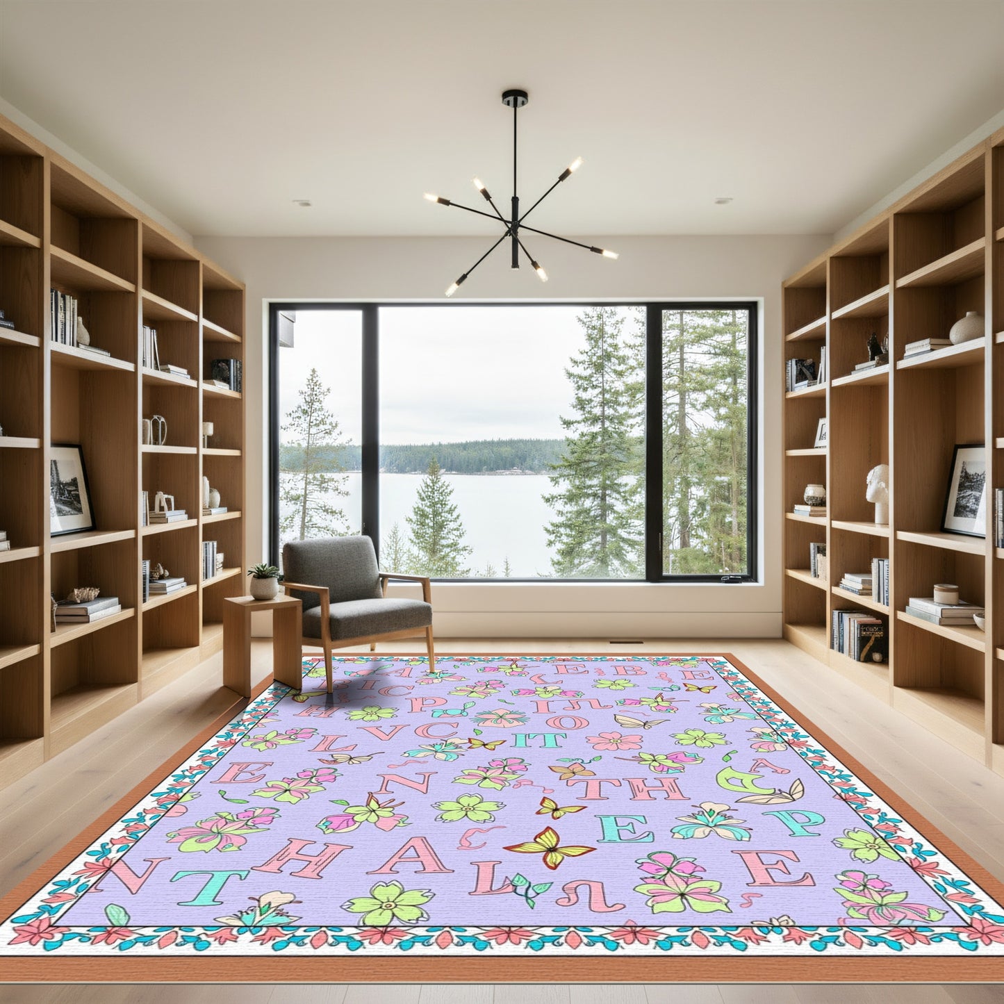 Pastel Letters Butterflies Floral Meadow Rug