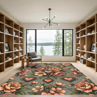 Vintage Peachy Pink Floral Heart Rug