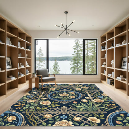 Elegant Navy Cream Floral Trellis Rug