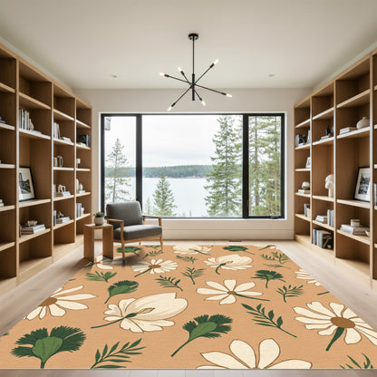 Cream Floral Leaves Earthy Tone Rug