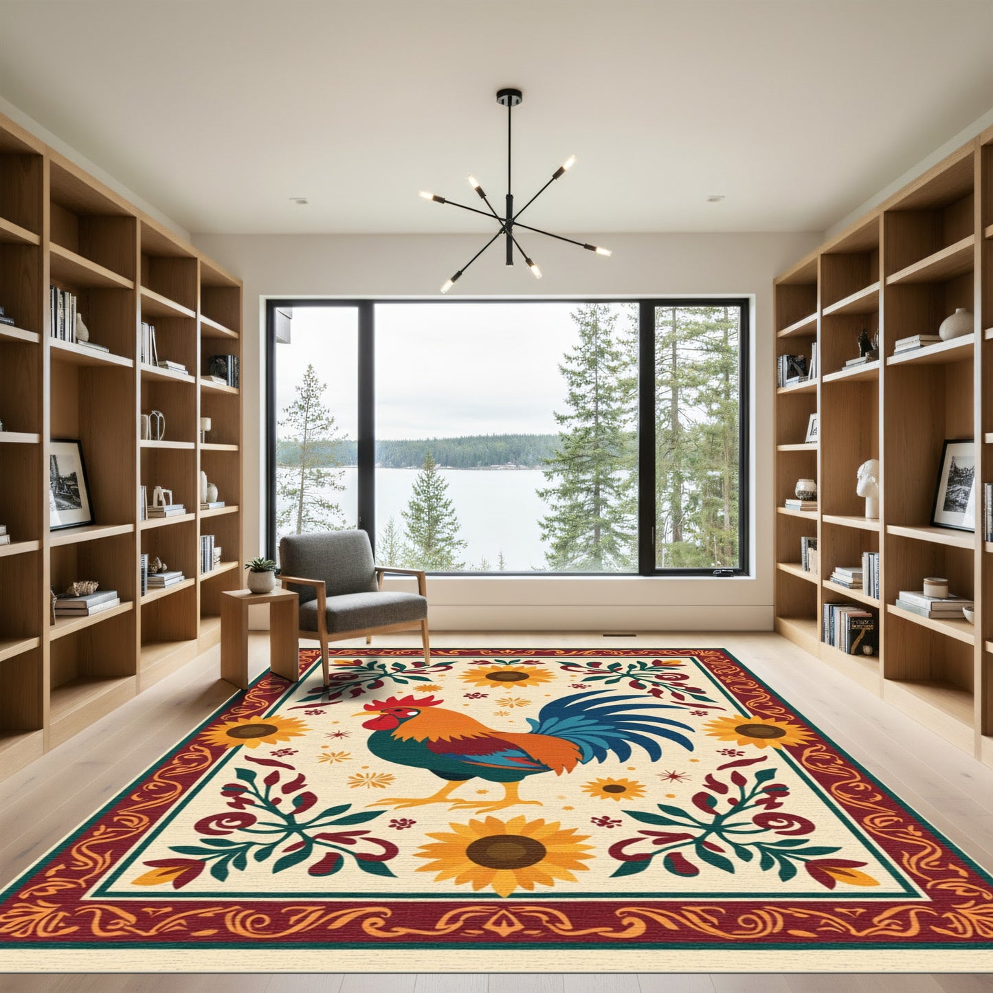 Bold Rooster Sunflower Floral Arrangement Rug