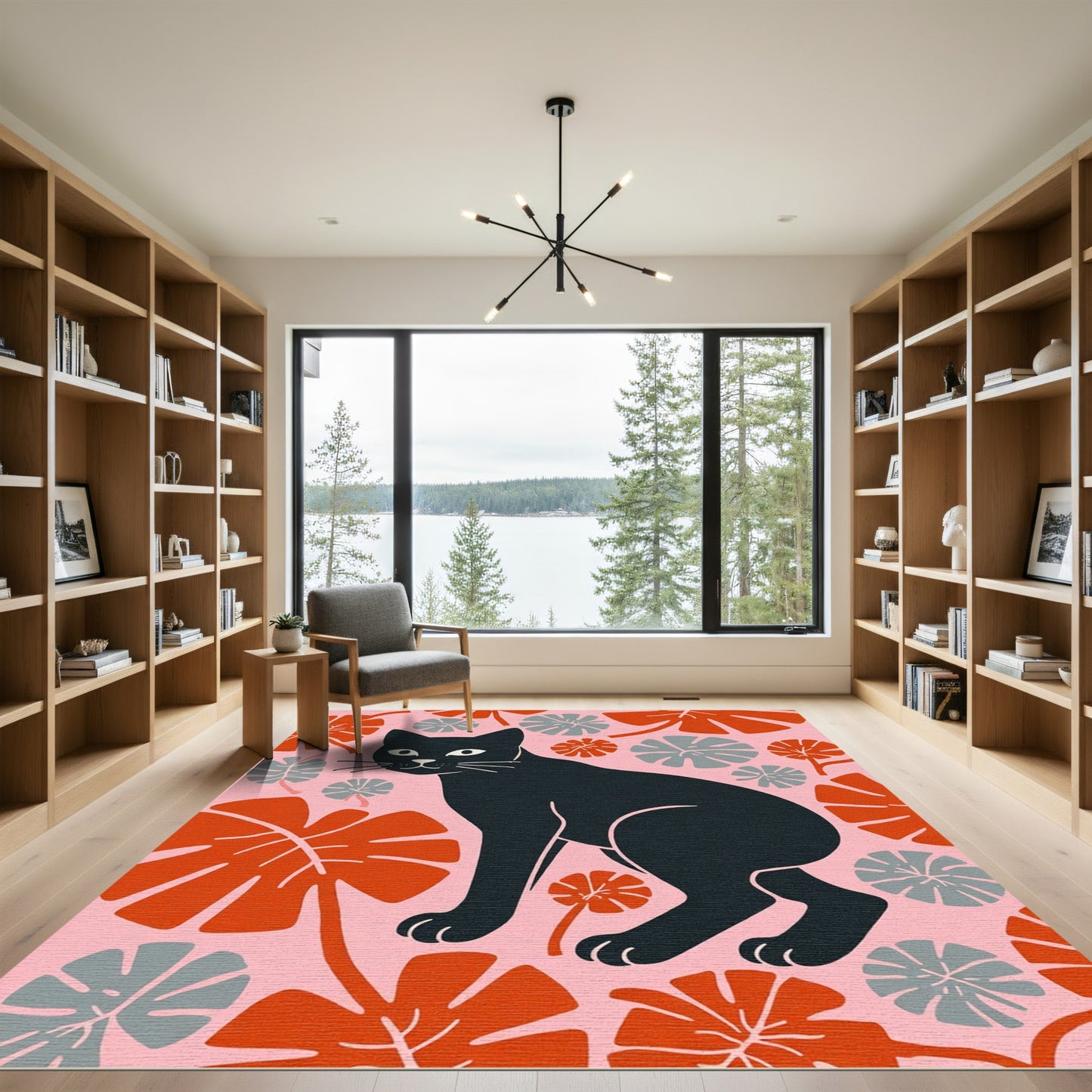 Whimsical Black Cat Tropical Flora Rug