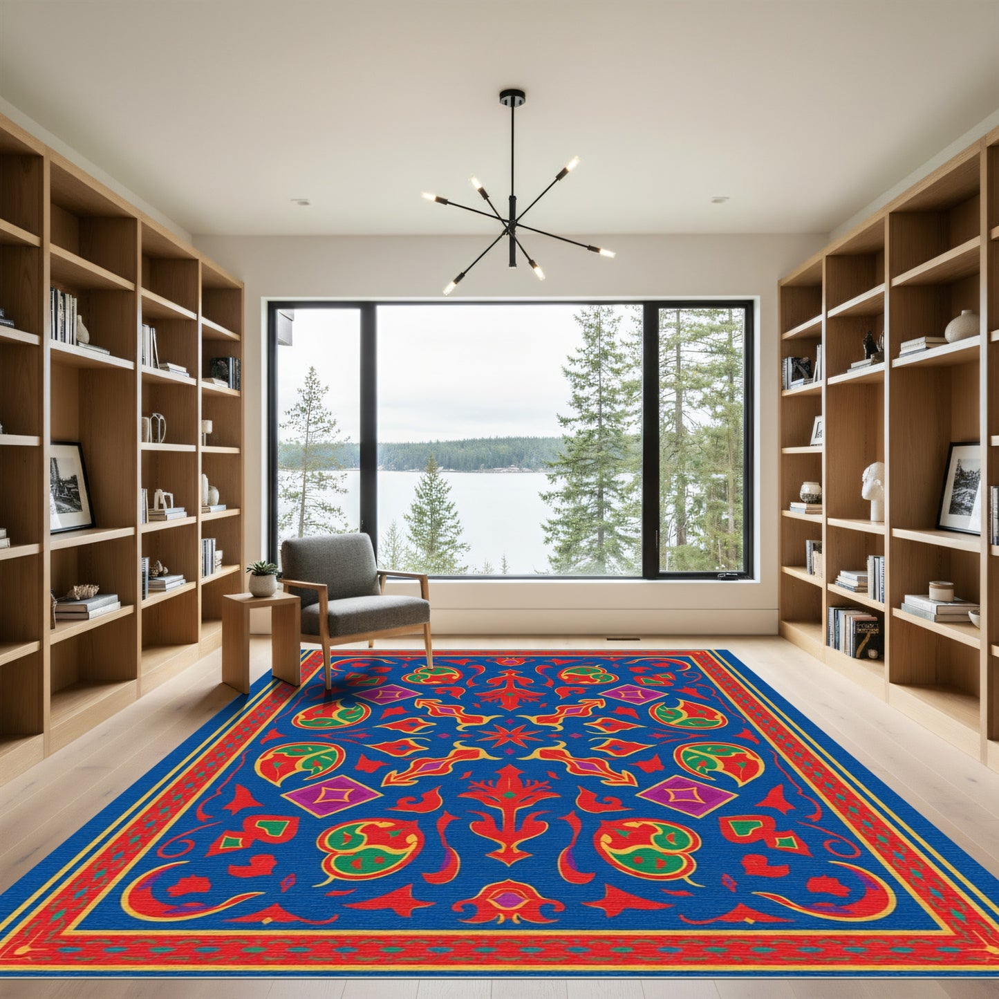 Vibrant Blue Red Golden Mandala Rug