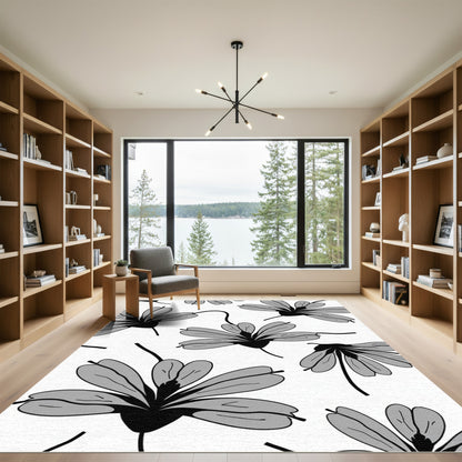 Monochrome Blooming Flower Garden Rug