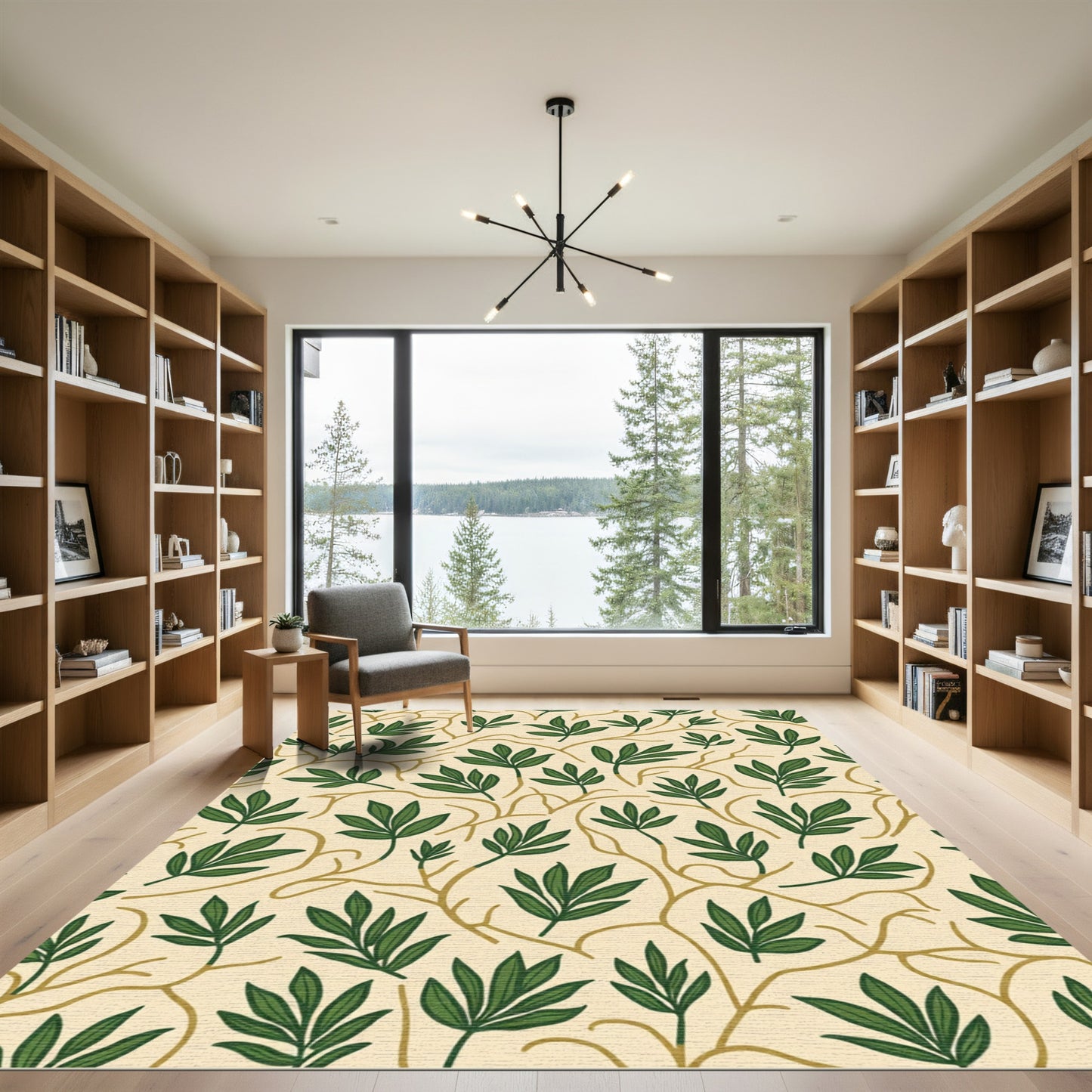 Simple Green Leafy Branches Cream Rug