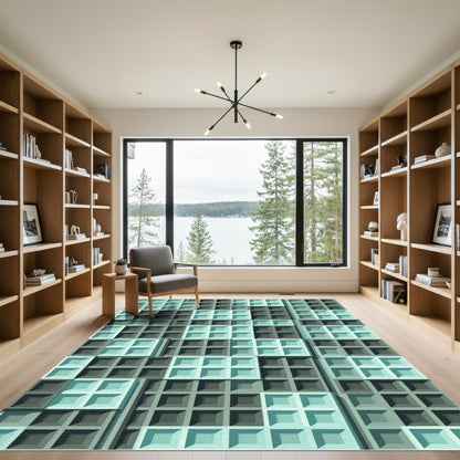 Modern Mint and Charcoal Grid Geometric Rug