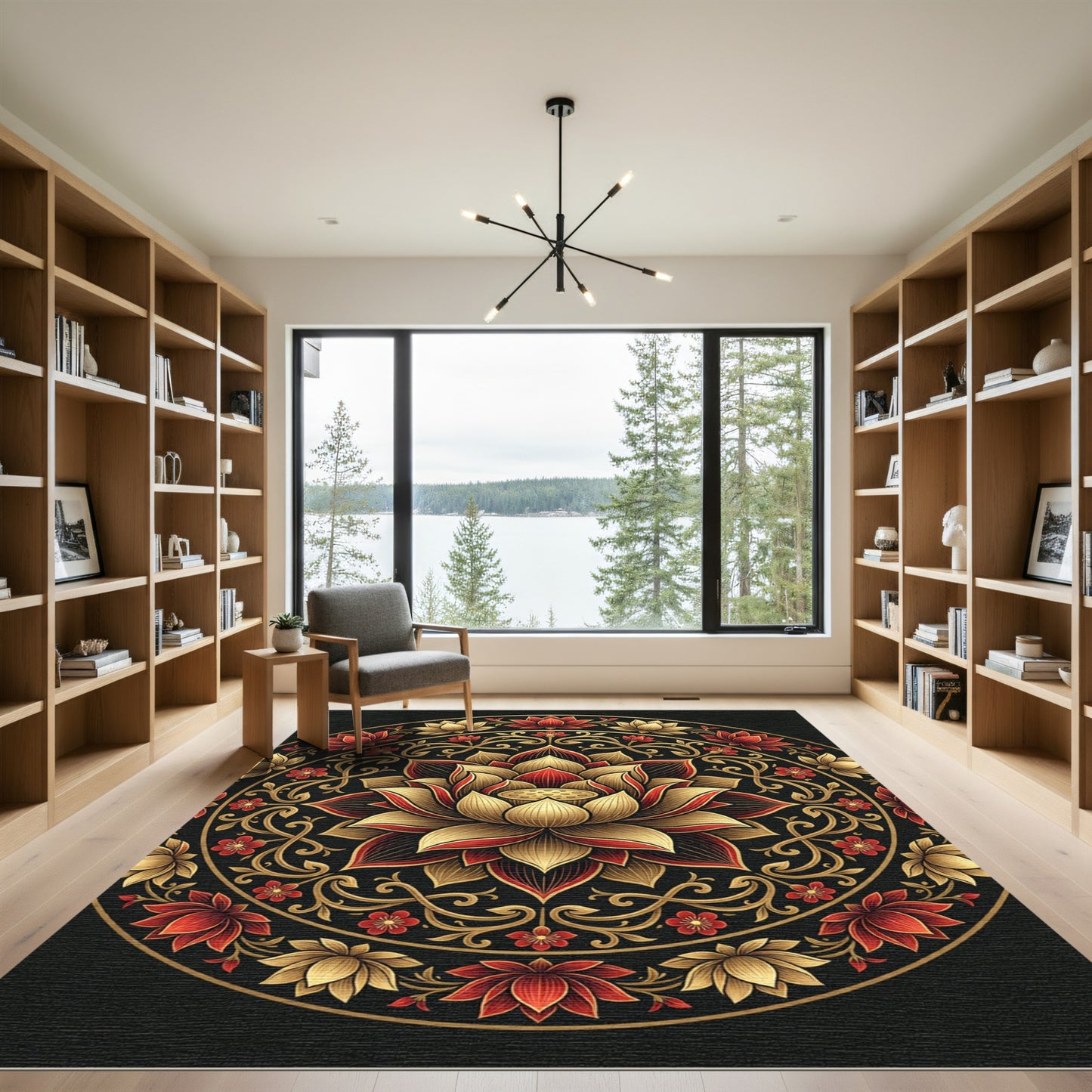 Elegant Gold and Crimson Lotus Mandala Rug