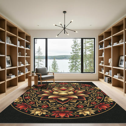 Elegant Gold and Crimson Lotus Mandala Rug