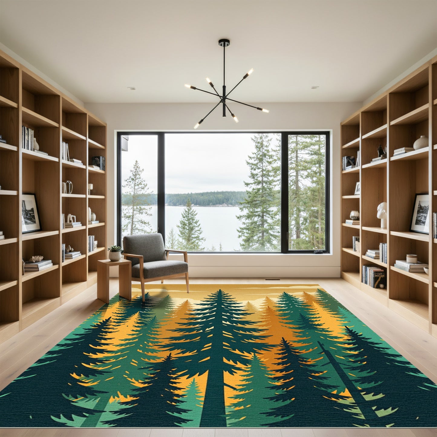 Golden Forest Pine Tree Silhouette Rug