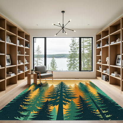 Golden Forest Pine Tree Silhouette Rug