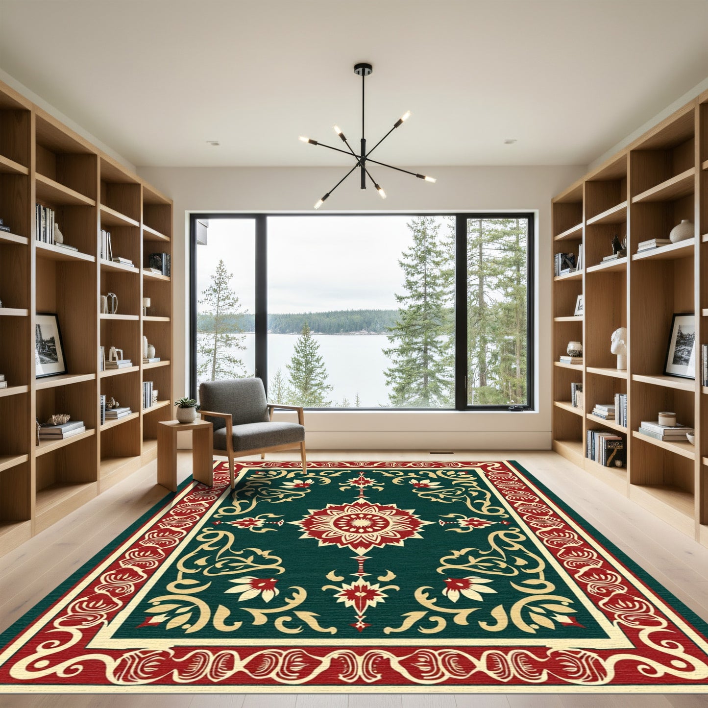 Red Floral Medallion Emerald Border Rug