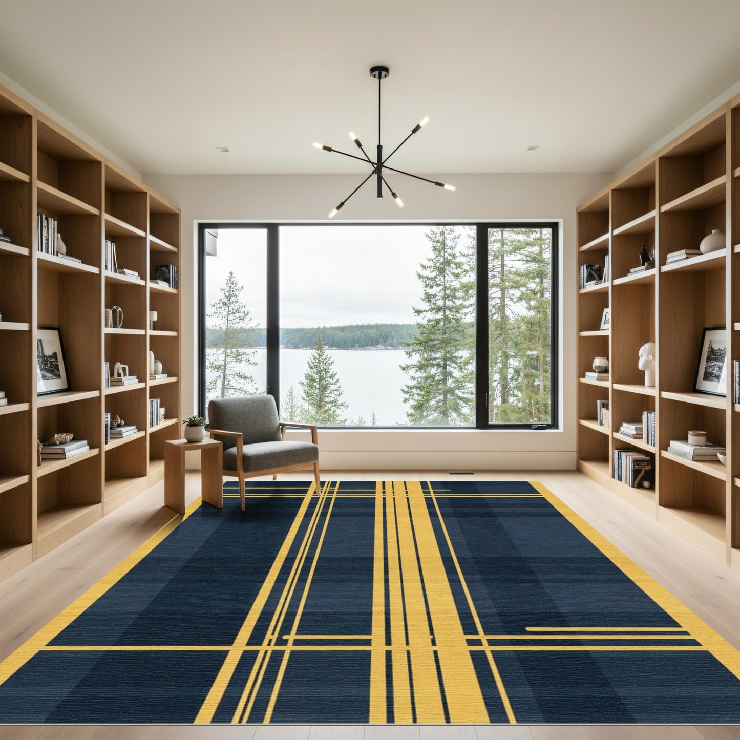Gold Yellow Lines Dark Blue Plaid Rug