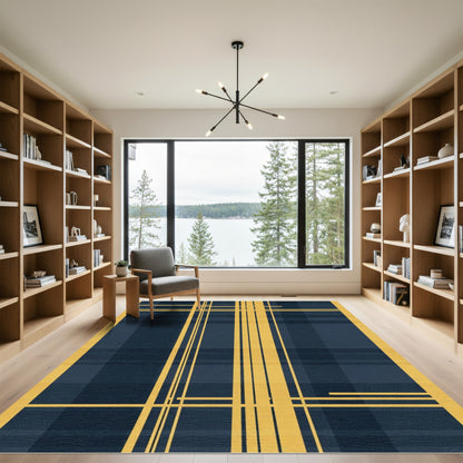 Gold Yellow Lines Dark Blue Plaid Rug