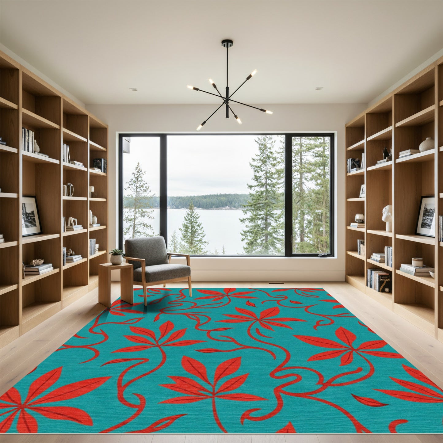 Crimson Leafy Vine Teal Rug