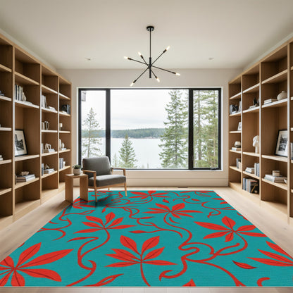Crimson Leafy Vine Teal Rug