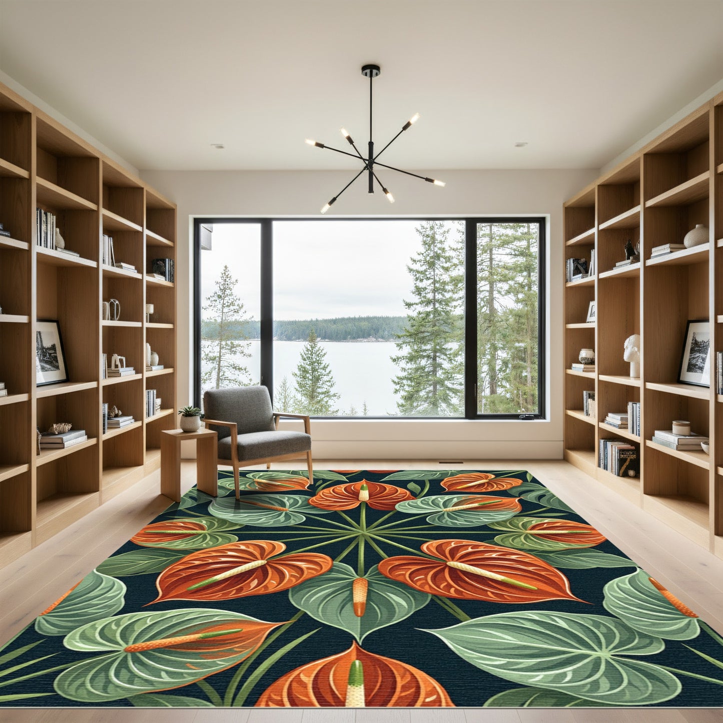 Symmetrical Orange Anthurium Tropical Botanical Round Rug