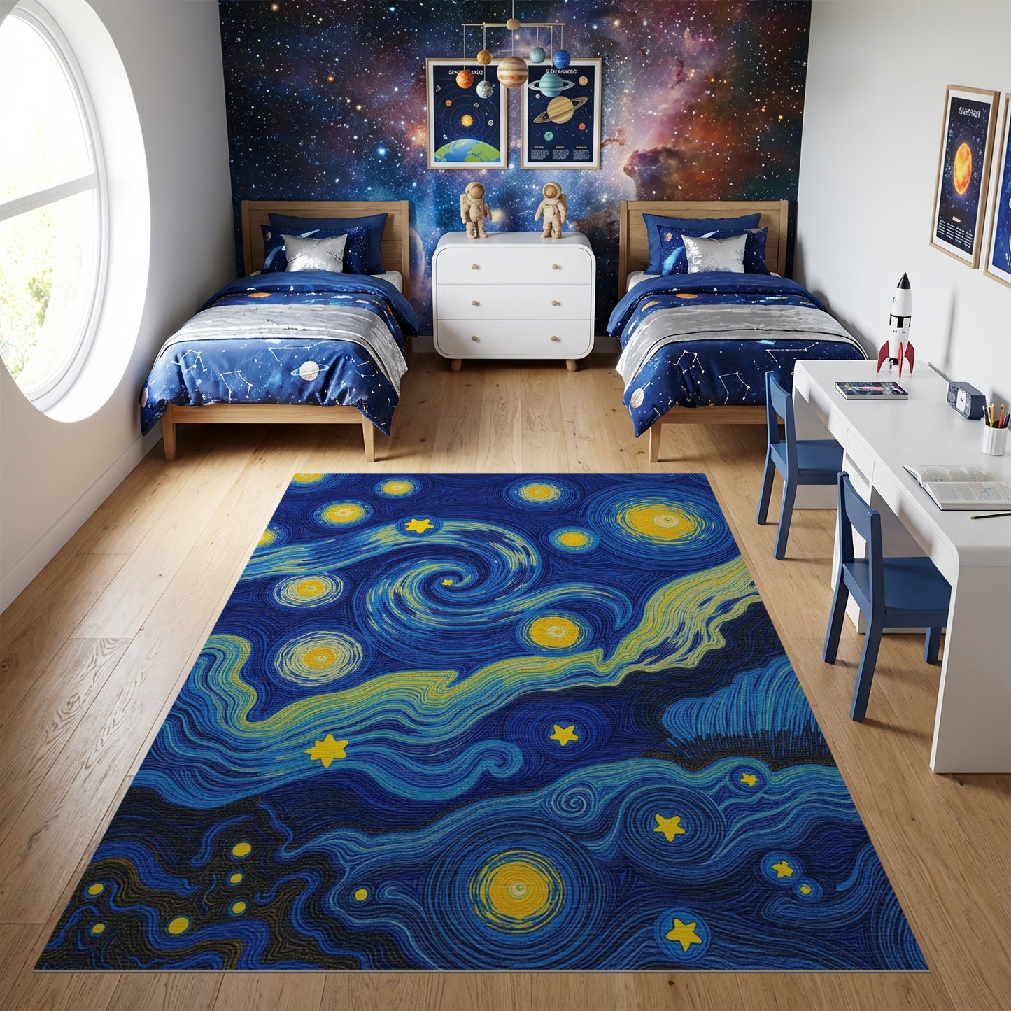 Swirling Glowing Stars Deep Blue Rug