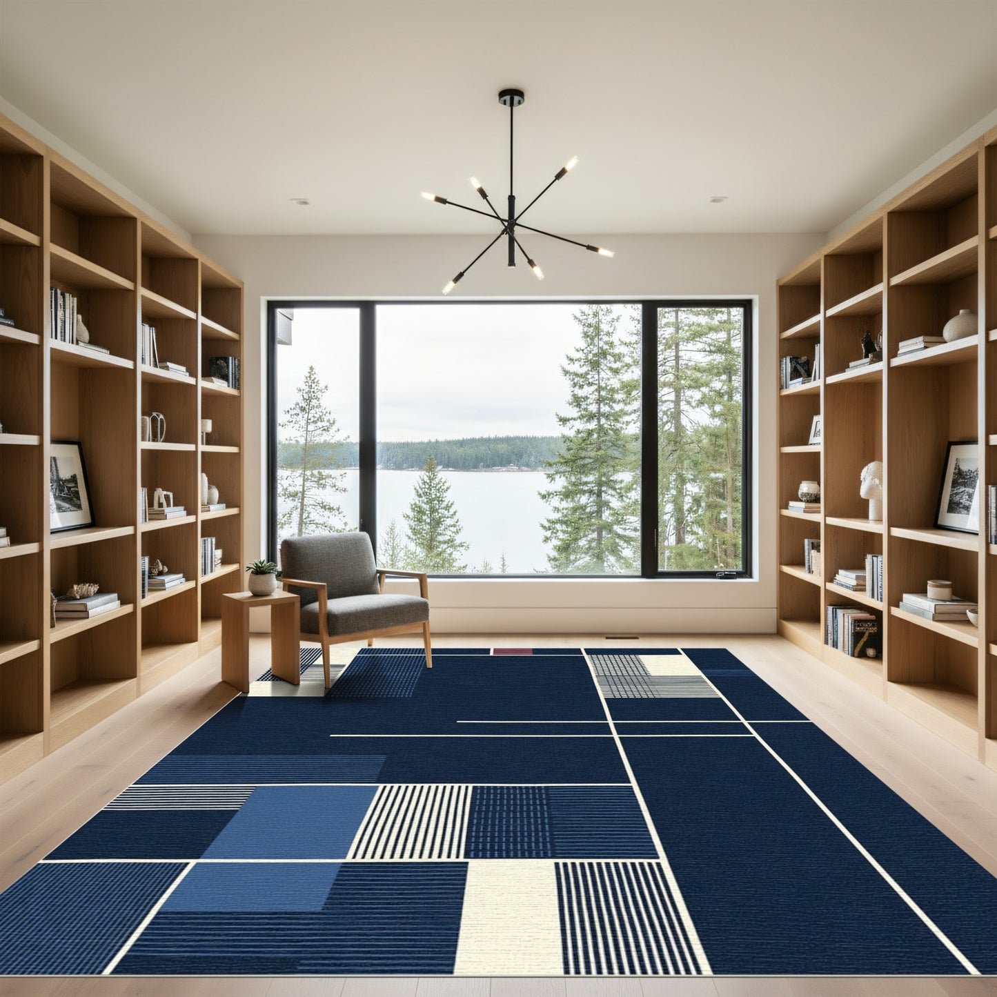 Deep Navy Geometric Lines Rug