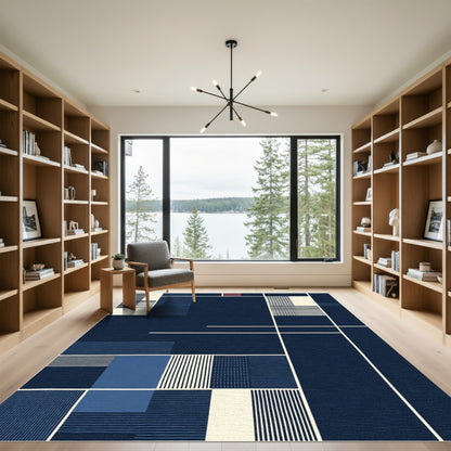 Deep Navy Geometric Lines Rug