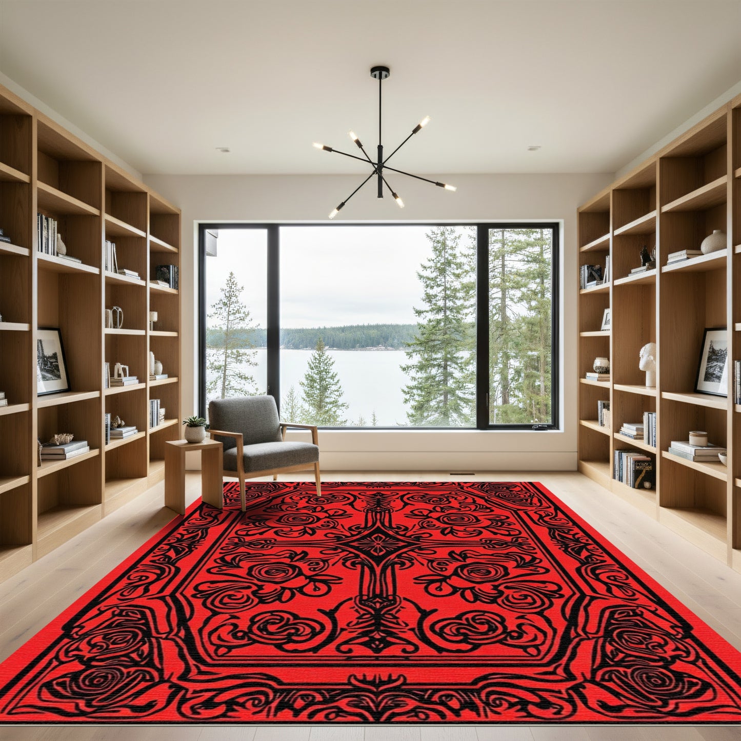 Crimson Black Floral Scroll Mandala Rug