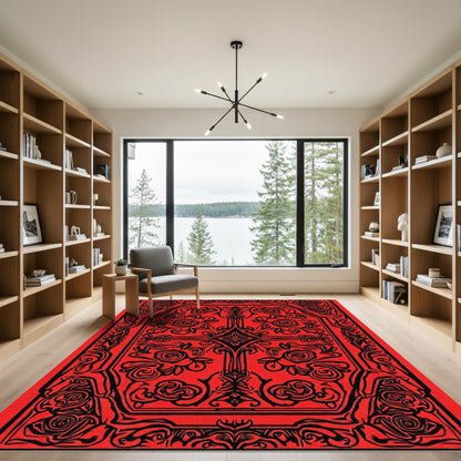 Crimson Black Floral Scroll Mandala Rug