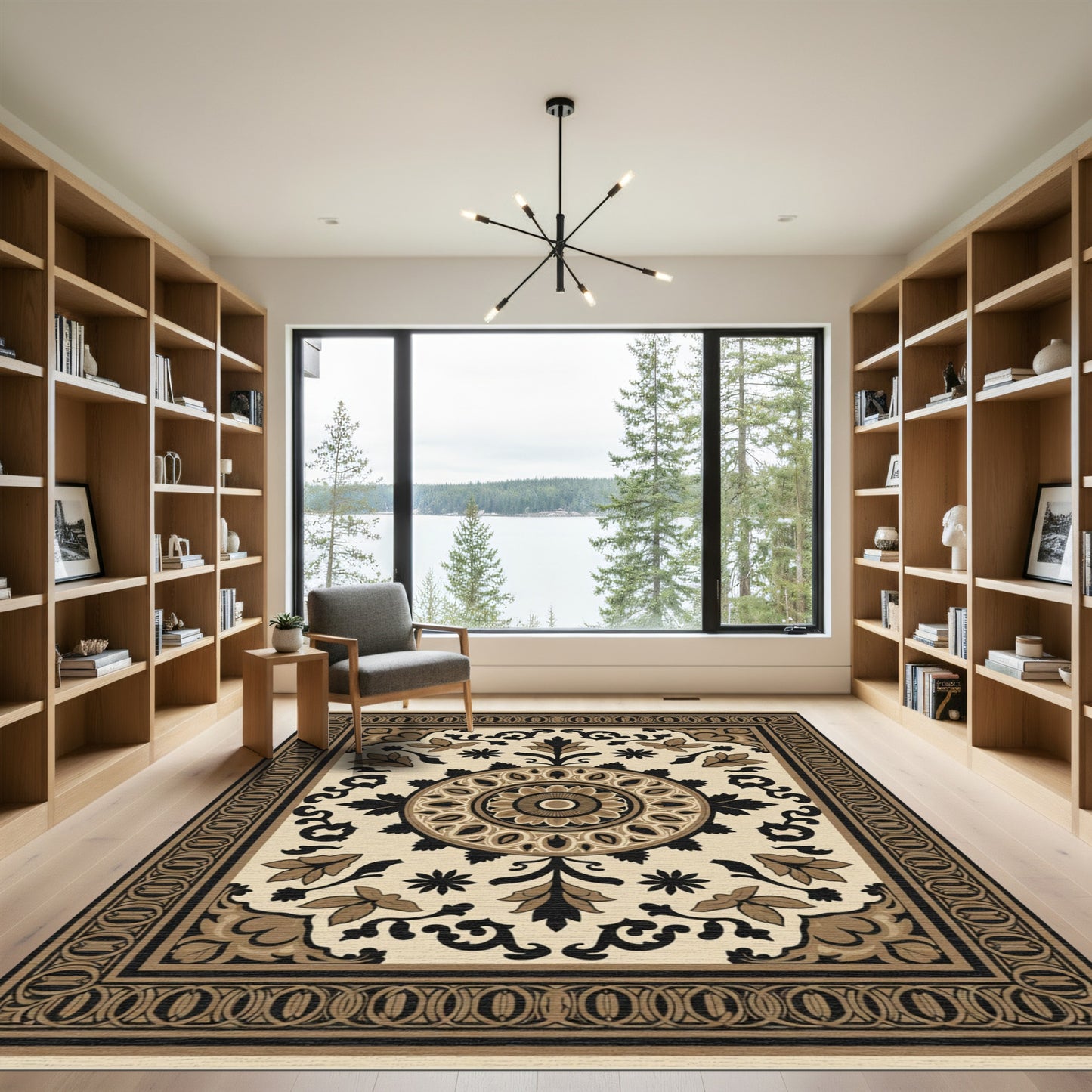 Ornate Tan Floral Medallion Border Rug