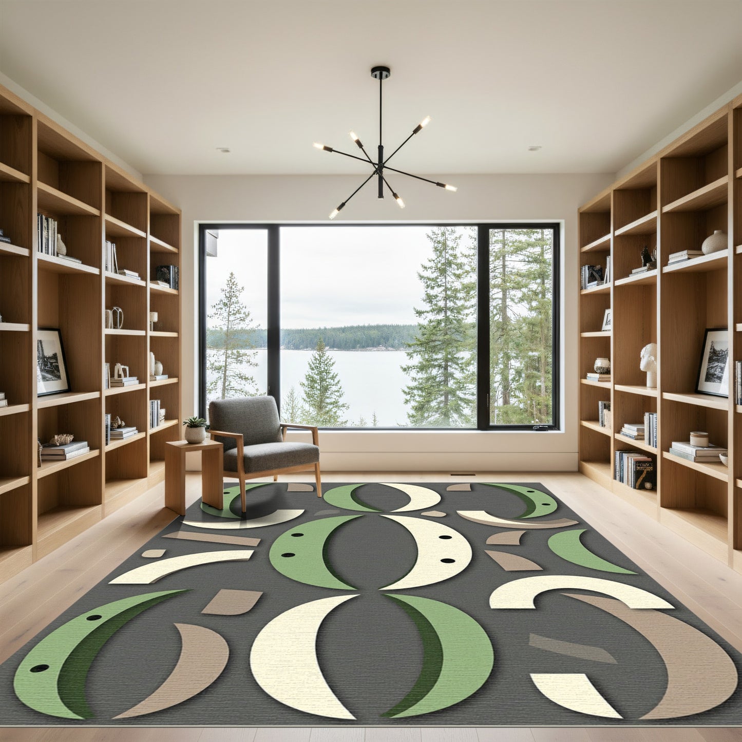 Modern Sage Olive Geometric Crescent Abstraction Rug