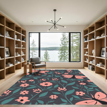Coral Butterfly Floral Vines Rug