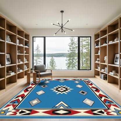 Bold Blue Geometric Diamond Aztec Rug