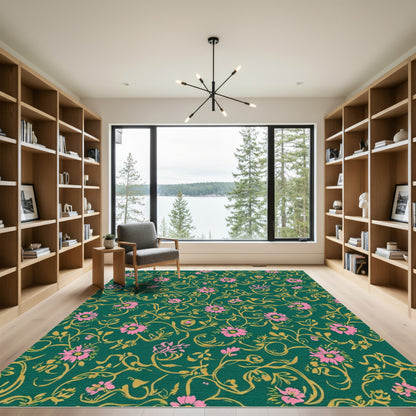 Emerald Green Pink Floral Swirl Rug