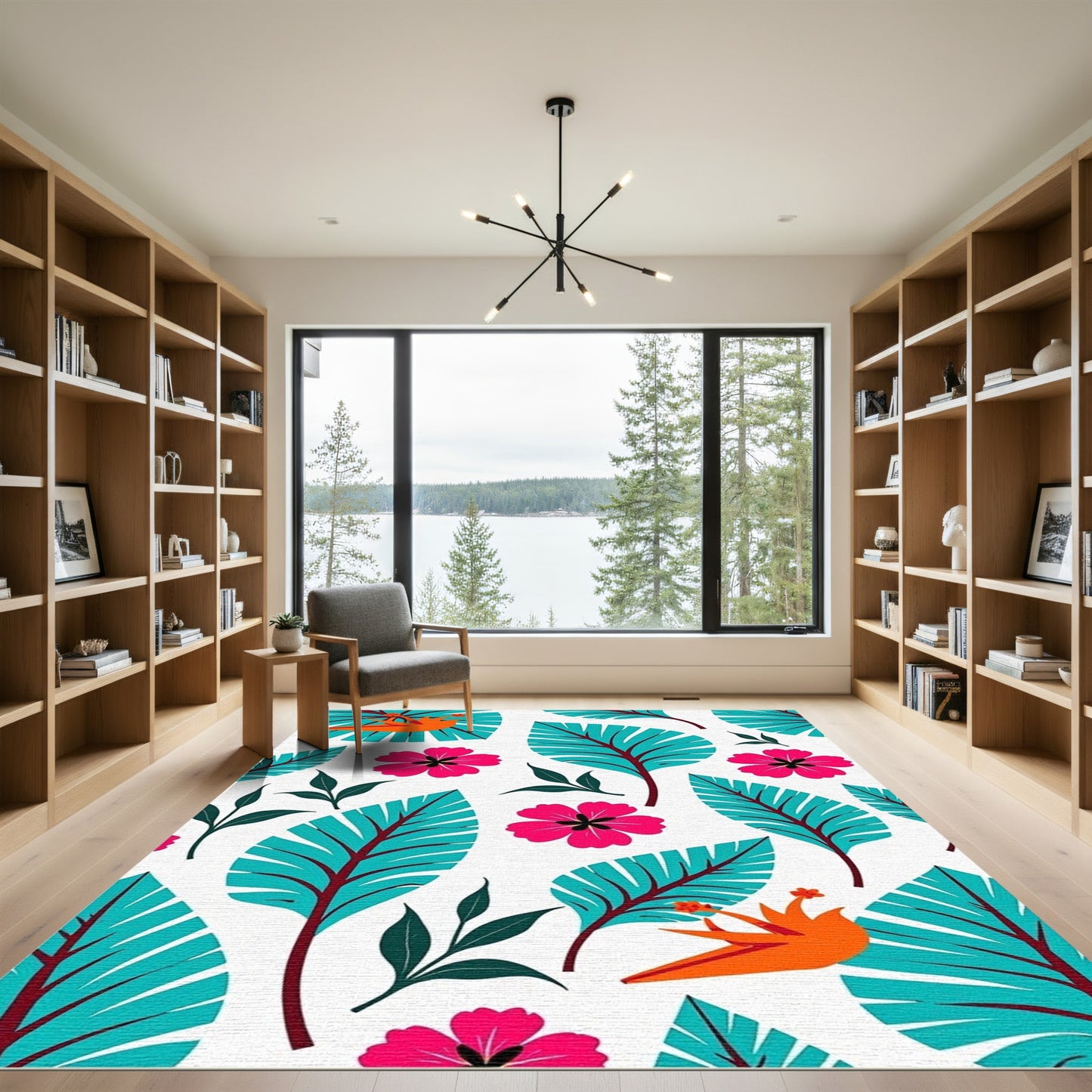 Bright Orange Bird Tropical Leaf Arrangement Rug