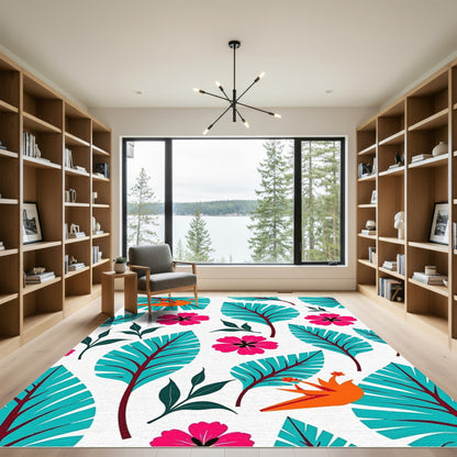 Bright Orange Bird Tropical Leaf Arrangement Rug