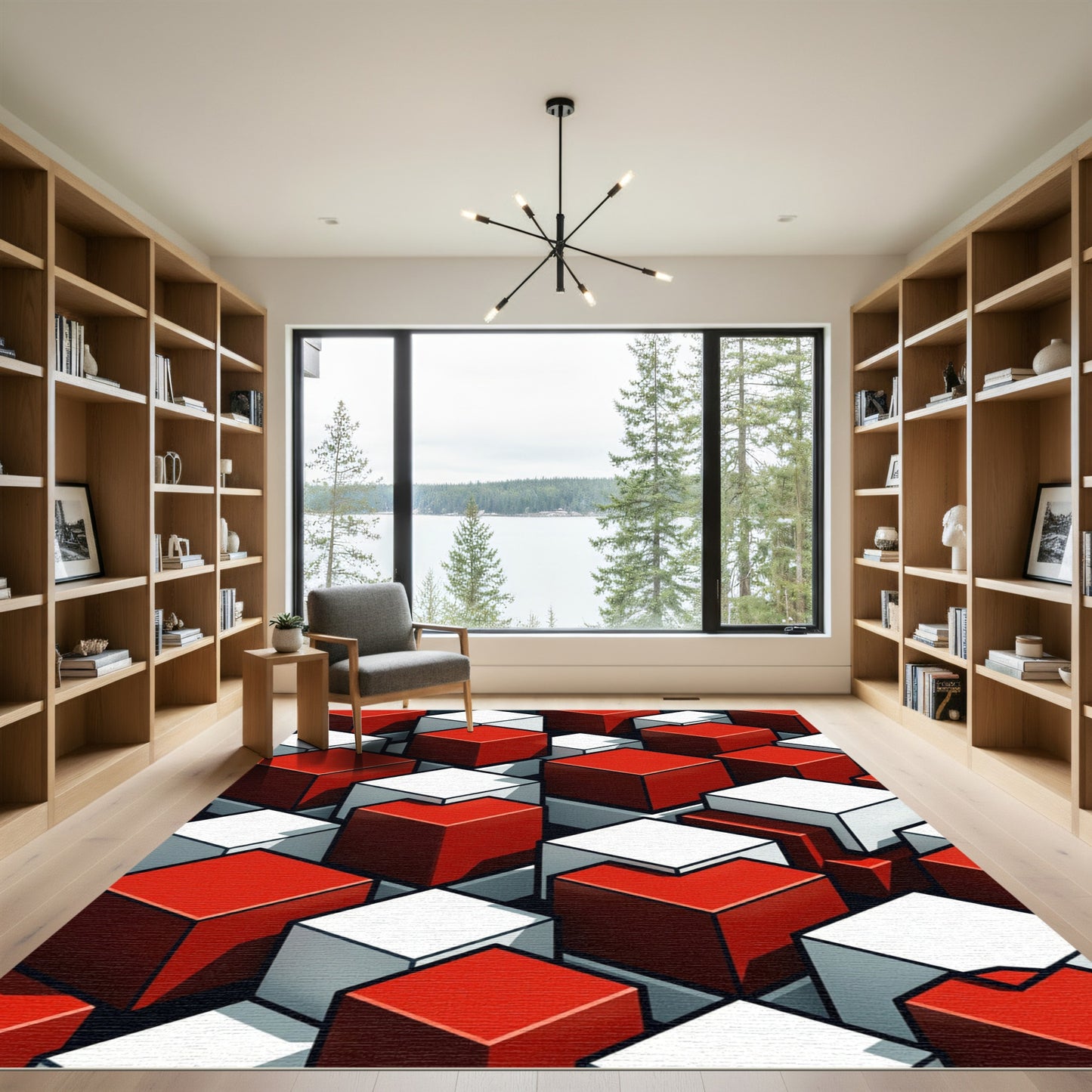 Geometric Red and White Isometric Cube Rug