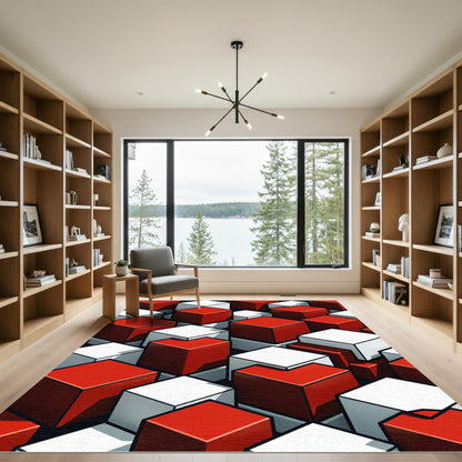 Geometric Red and White Isometric Cube Rug