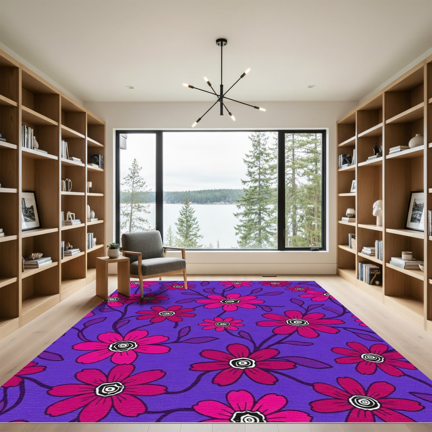 Vibrant Pink Flowers on Purple Background Rug