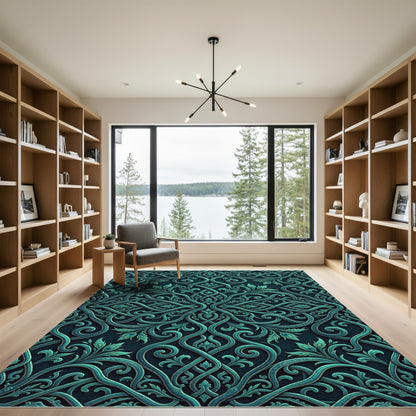 Teal Intricate Filigree scrolling Vine Entwined Rug