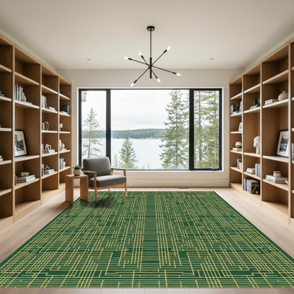Green Gold Abstract Grid Lines Rug