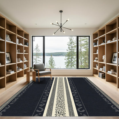 Dark Navy Ochre Abstract Stripe Rug