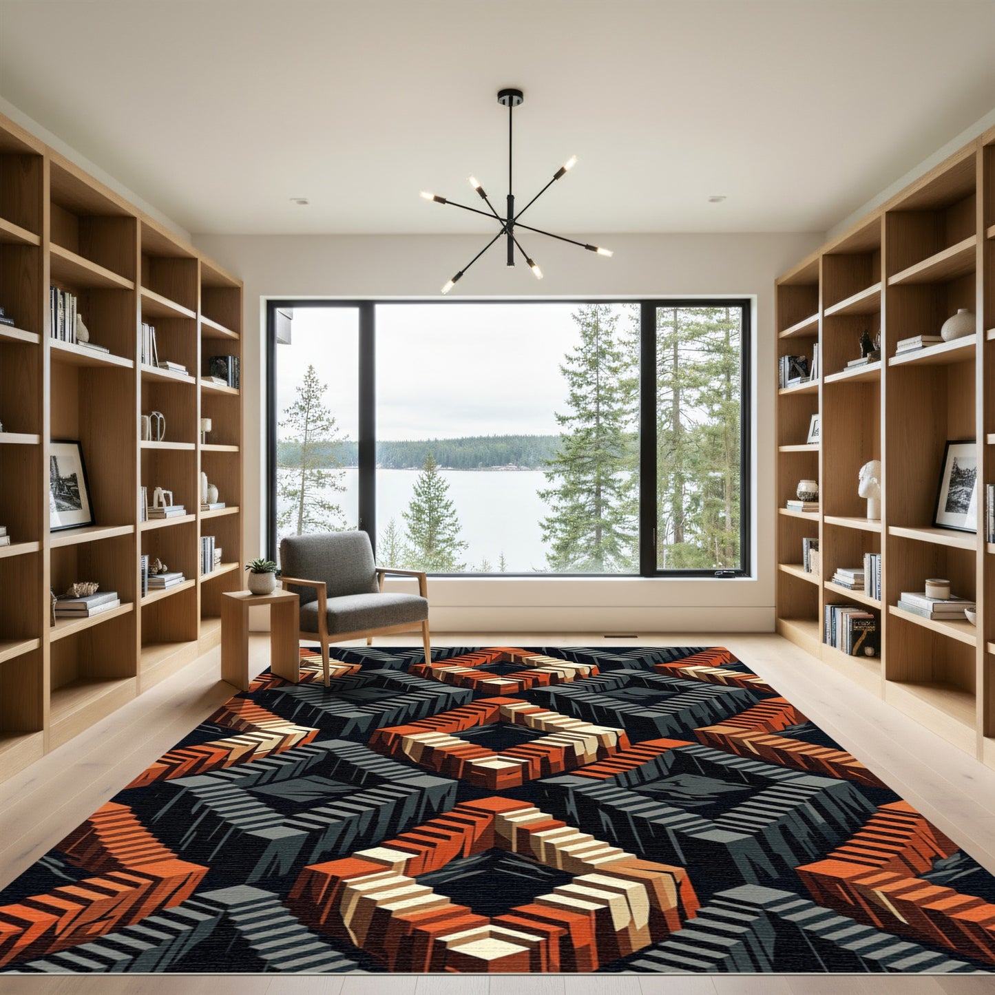 Isometric Orange Gray Cubic Maze Rug