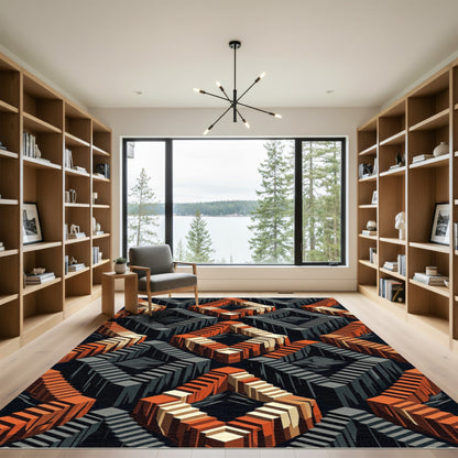 Isometric Orange Gray Cubic Maze Rug