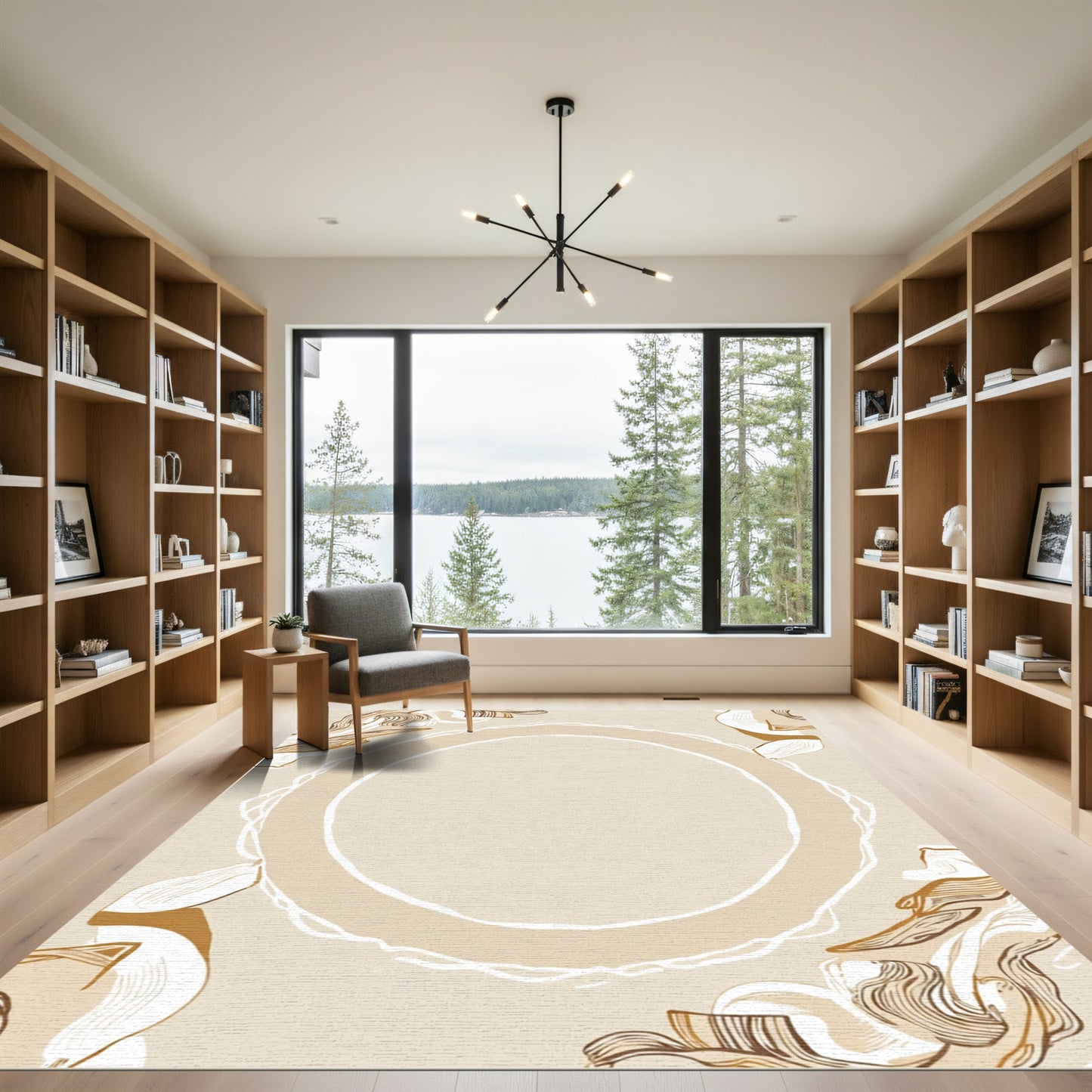 Ecru Abstract Swoosh Feather Frame Rug