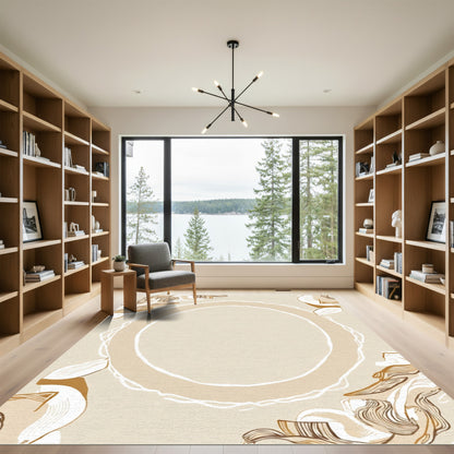 Ecru Abstract Swoosh Feather Frame Rug