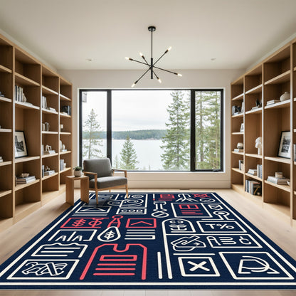 Blue White Red Graphic Symbols Rug