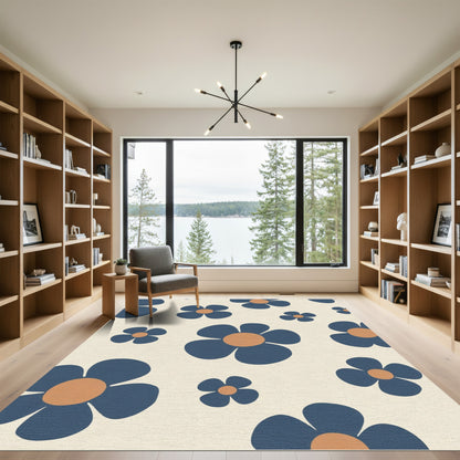 Retro Blue Flower Garden Rug