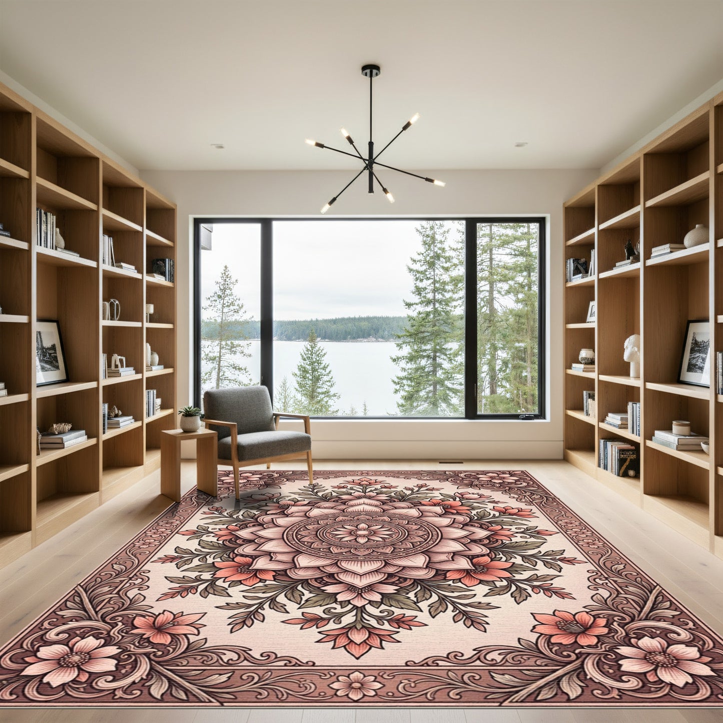Elegant Blush Floral Mandala Art Rug