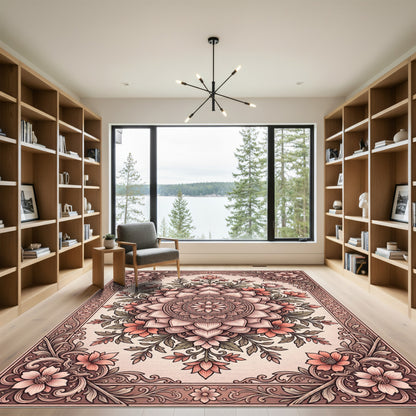 Elegant Blush Floral Mandala Art Rug