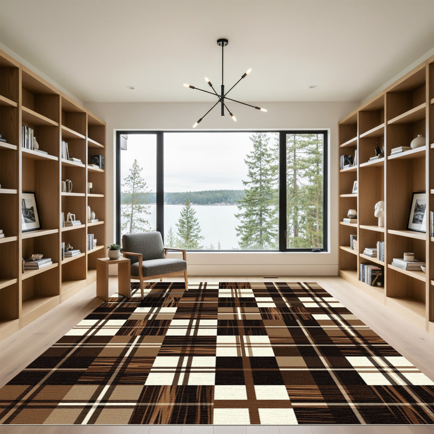 Brown Cream Plaid Wood Patchwork Rug